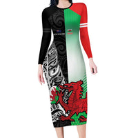 New Zealand and Wales Rugby Custom Long Sleeve Bodycon Dress Aotearoa All Black Combine Welsh Dragon - Polynesian Pride