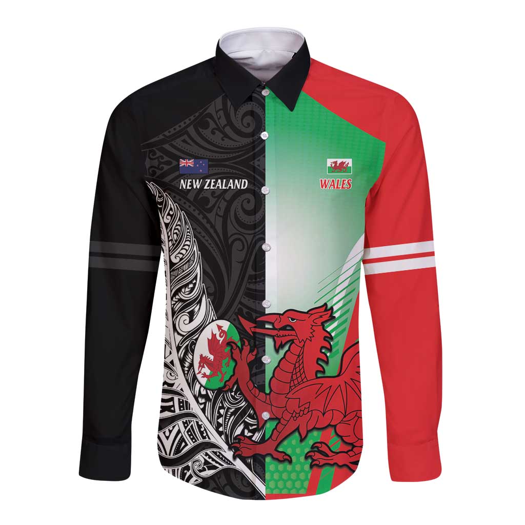 New Zealand and Wales Rugby Custom Long Sleeve Button Shirt Aotearoa All Black Combine Welsh Dragon - Polynesian Pride