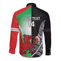New Zealand and Wales Rugby Custom Long Sleeve Button Shirt Aotearoa All Black Combine Welsh Dragon - Polynesian Pride