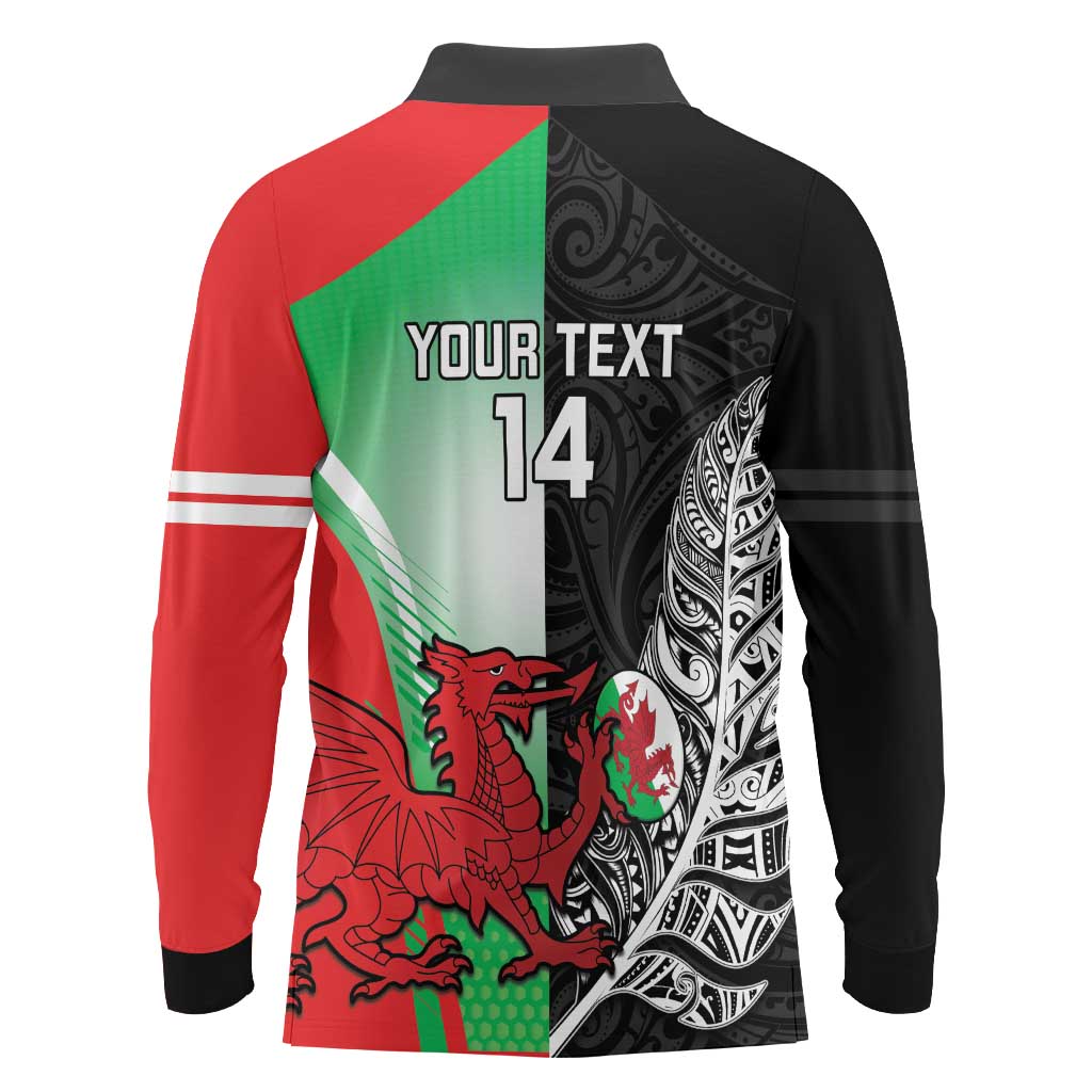 New Zealand and Wales Rugby Custom Long Sleeve Polo Shirt Aotearoa All Black Combine Welsh Dragon - Polynesian Pride