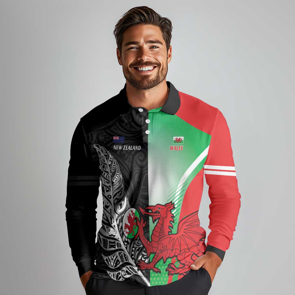 New Zealand and Wales Rugby Custom Long Sleeve Polo Shirt Aotearoa All Black Combine Welsh Dragon - Polynesian Pride