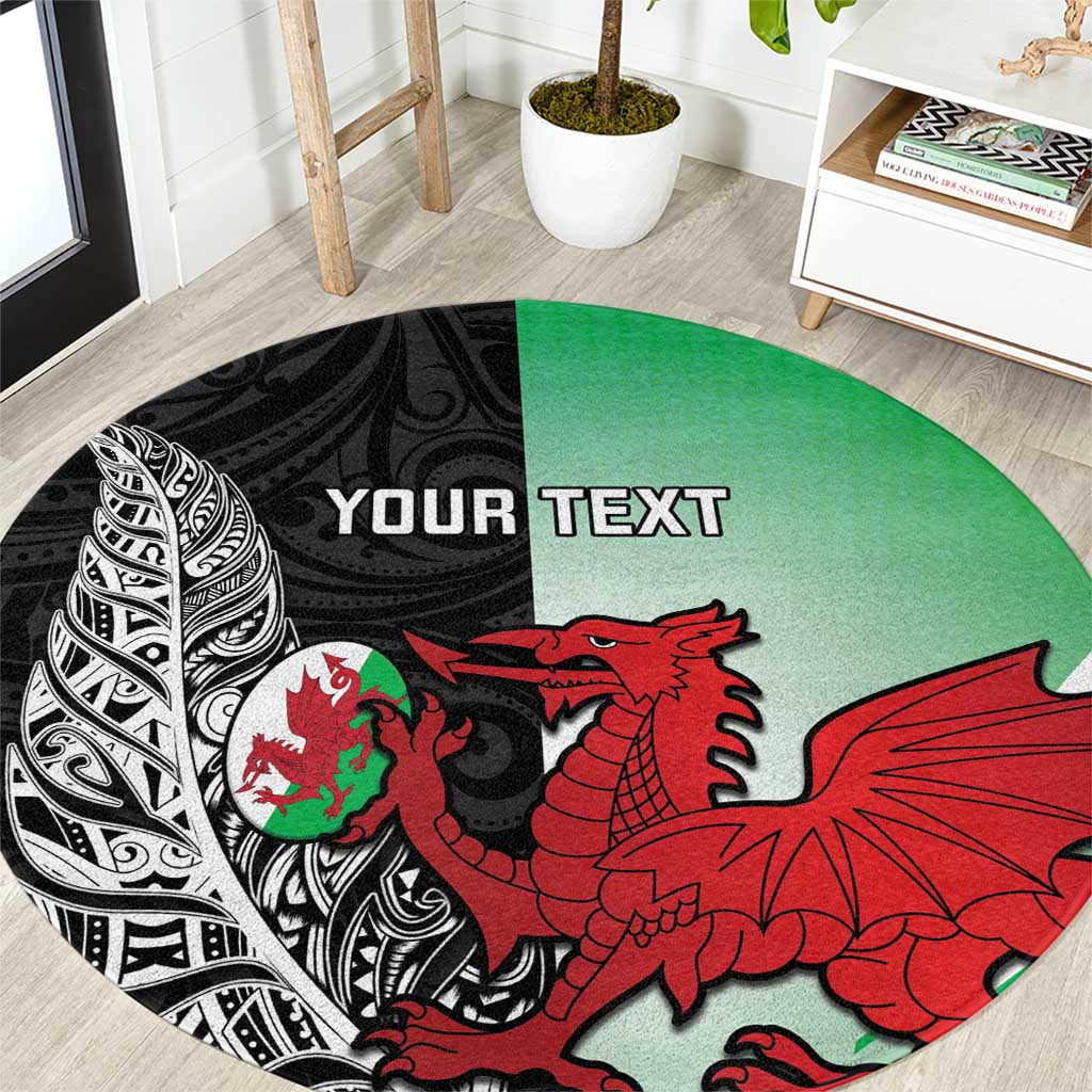 New Zealand and Wales Rugby Custom Round Carpet Aotearoa All Black Combine Welsh Dragon - Polynesian Pride