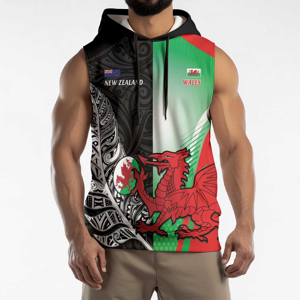 New Zealand and Wales Rugby Custom Sleeveless Hoodie Aotearoa All Black Combine Welsh Dragon - Polynesian Pride