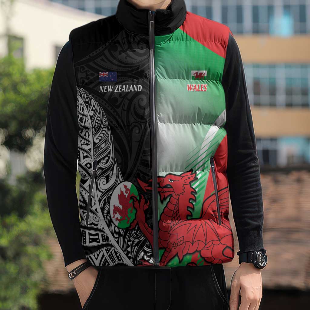 New Zealand and Wales Rugby Custom Sleeveless Puffer Jacket Aotearoa All Black Combine Welsh Dragon - Polynesian Pride