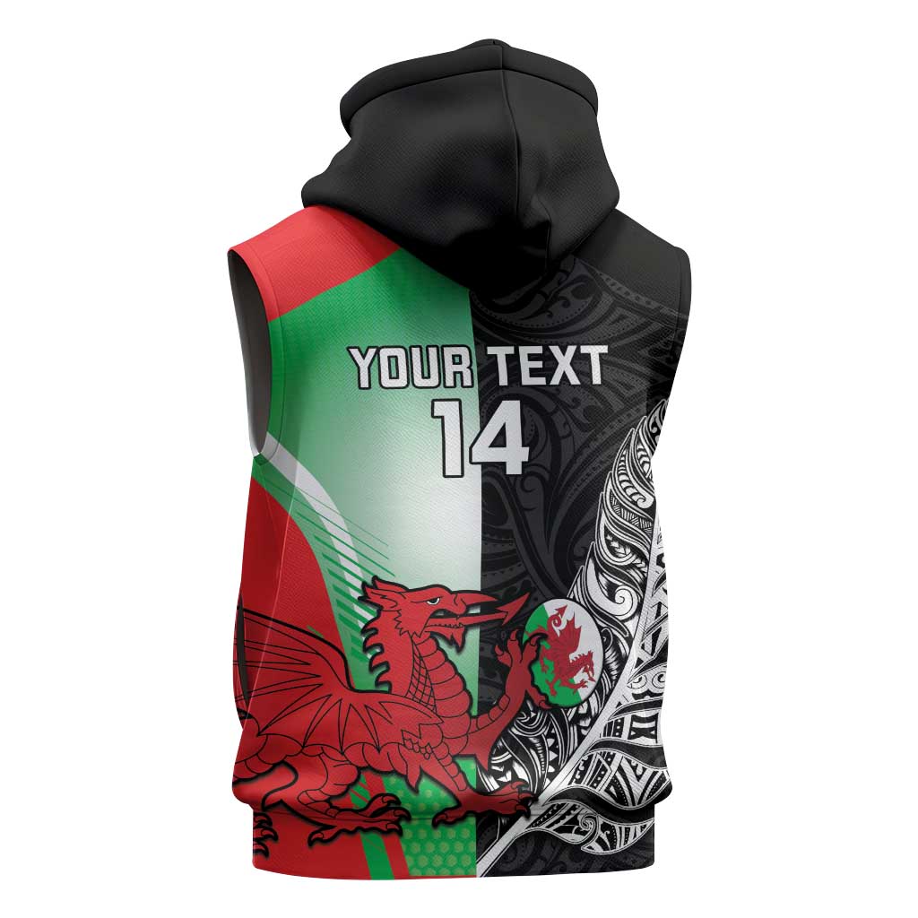 New Zealand and Wales Rugby Custom Sleeveless Zip Hoodie Aotearoa All Black Combine Welsh Dragon - Polynesian Pride