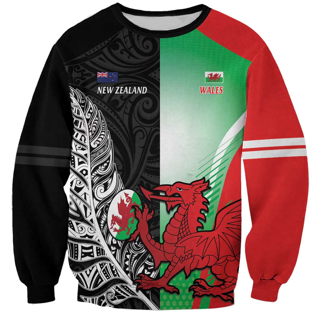 New Zealand and Wales Rugby Custom Sweatshirt Aotearoa All Black Combine Welsh Dragon - Polynesian Pride