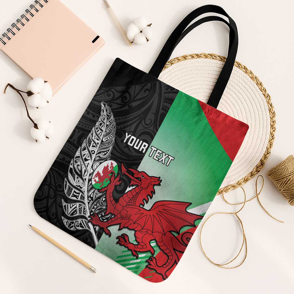 New Zealand and Wales Rugby Custom Tote Bag Aotearoa All Black Combine Welsh Dragon - Polynesian Pride