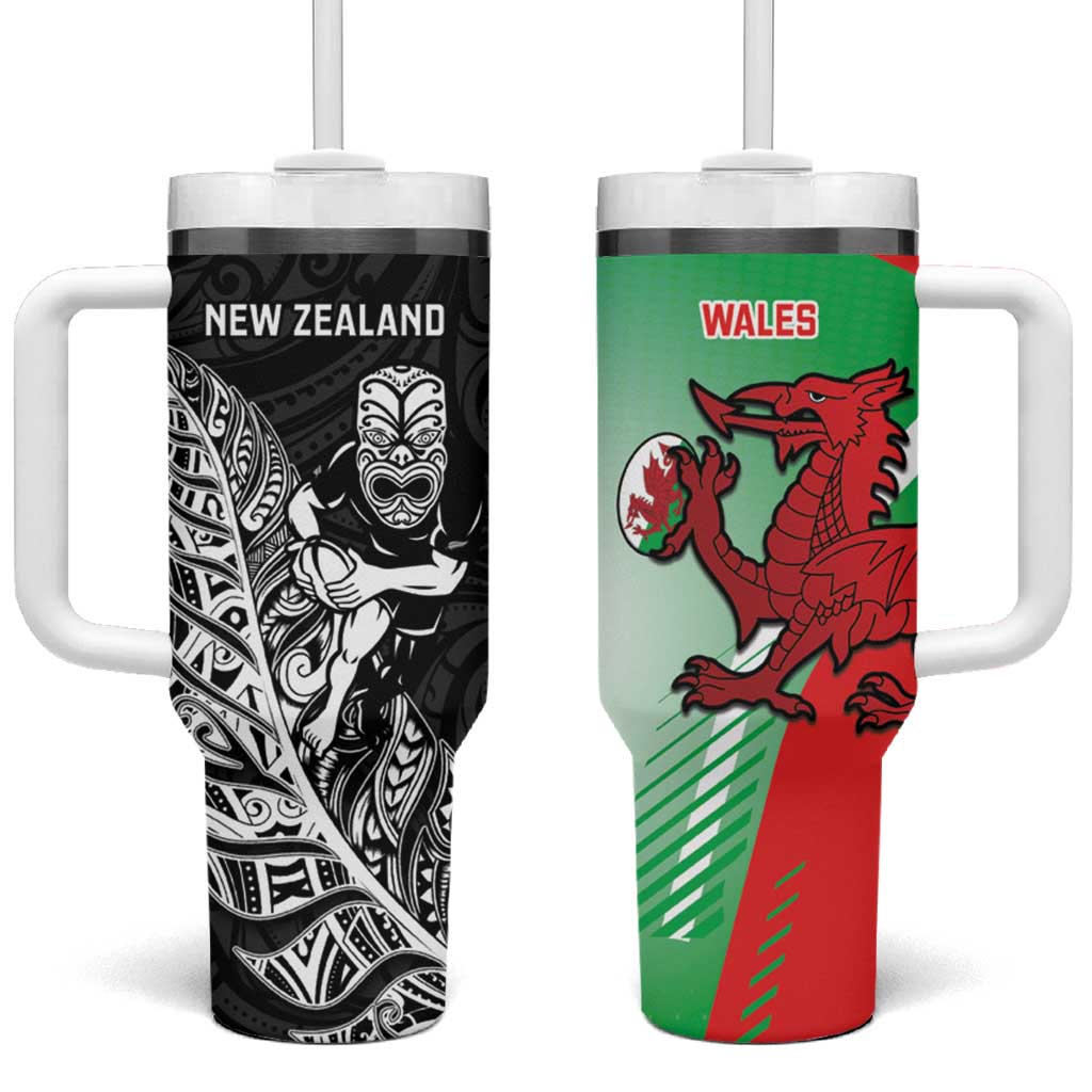 New Zealand and Wales Rugby Custom Tumbler With Handle Aotearoa All Black Combine Welsh Dragon - Polynesian Pride