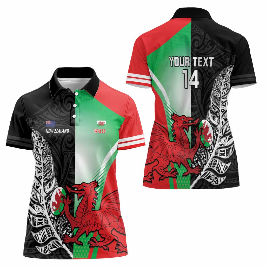 New Zealand and Wales Rugby Custom Women Polo Shirt Aotearoa All Black Combine Welsh Dragon - Polynesian Pride