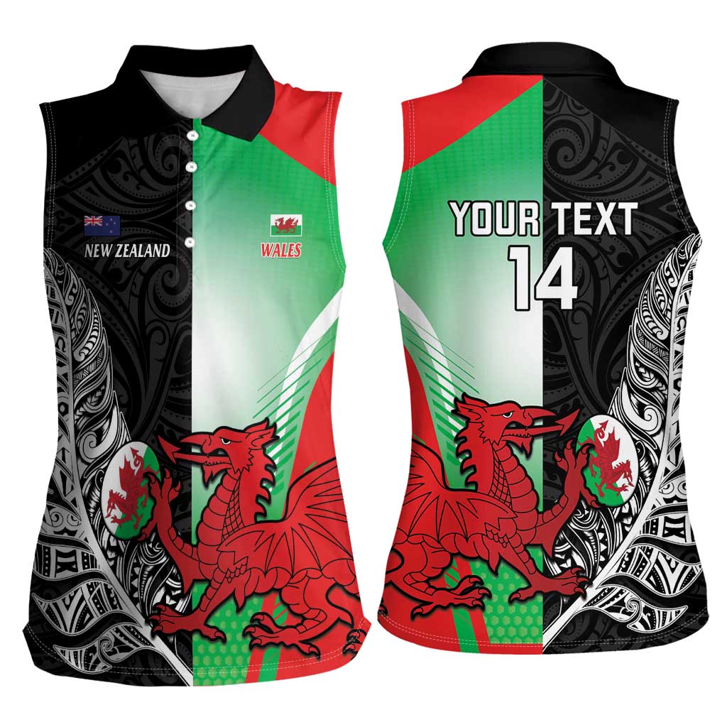 New Zealand and Wales Rugby Custom Women Sleeveless Polo Shirt Aotearoa All Black Combine Welsh Dragon - Polynesian Pride