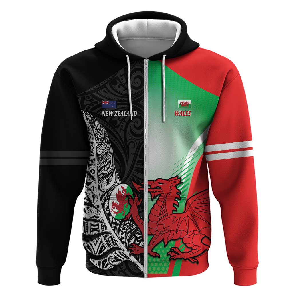 New Zealand and Wales Rugby Custom Zip Hoodie Aotearoa All Black Combine Welsh Dragon - Polynesian Pride