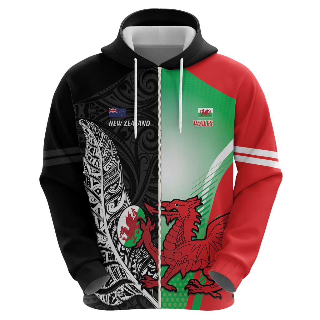 New Zealand and Wales Rugby Custom Zip Hoodie Aotearoa All Black Combine Welsh Dragon - Polynesian Pride