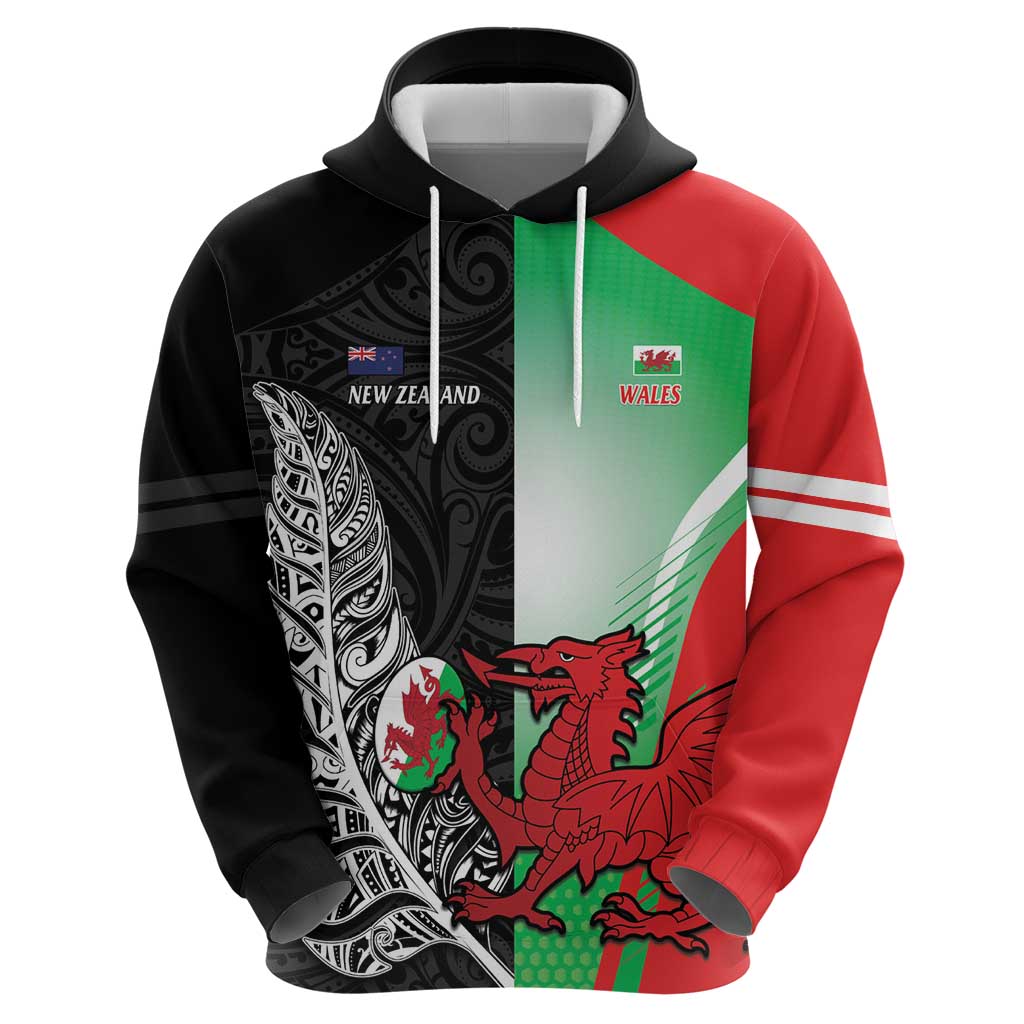 New Zealand and Wales Rugby Custom Zip Hoodie Aotearoa All Black Combine Welsh Dragon - Polynesian Pride
