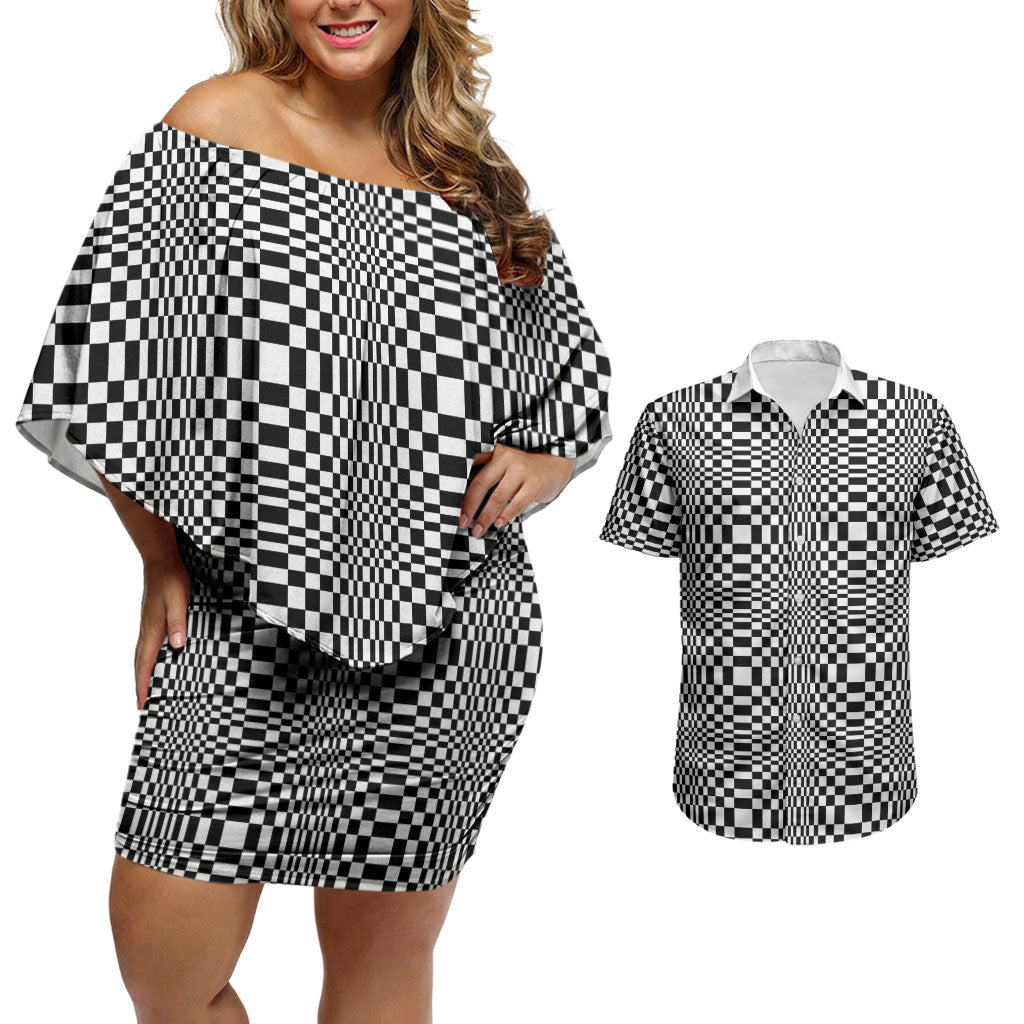 Black White Filipino Binakol Motifs Couples Matching Off Shoulder Short Dress and Hawaiian Shirt Mabuhay Philippines Festival Kusikus Pattern LT14 Black - Polynesian Pride