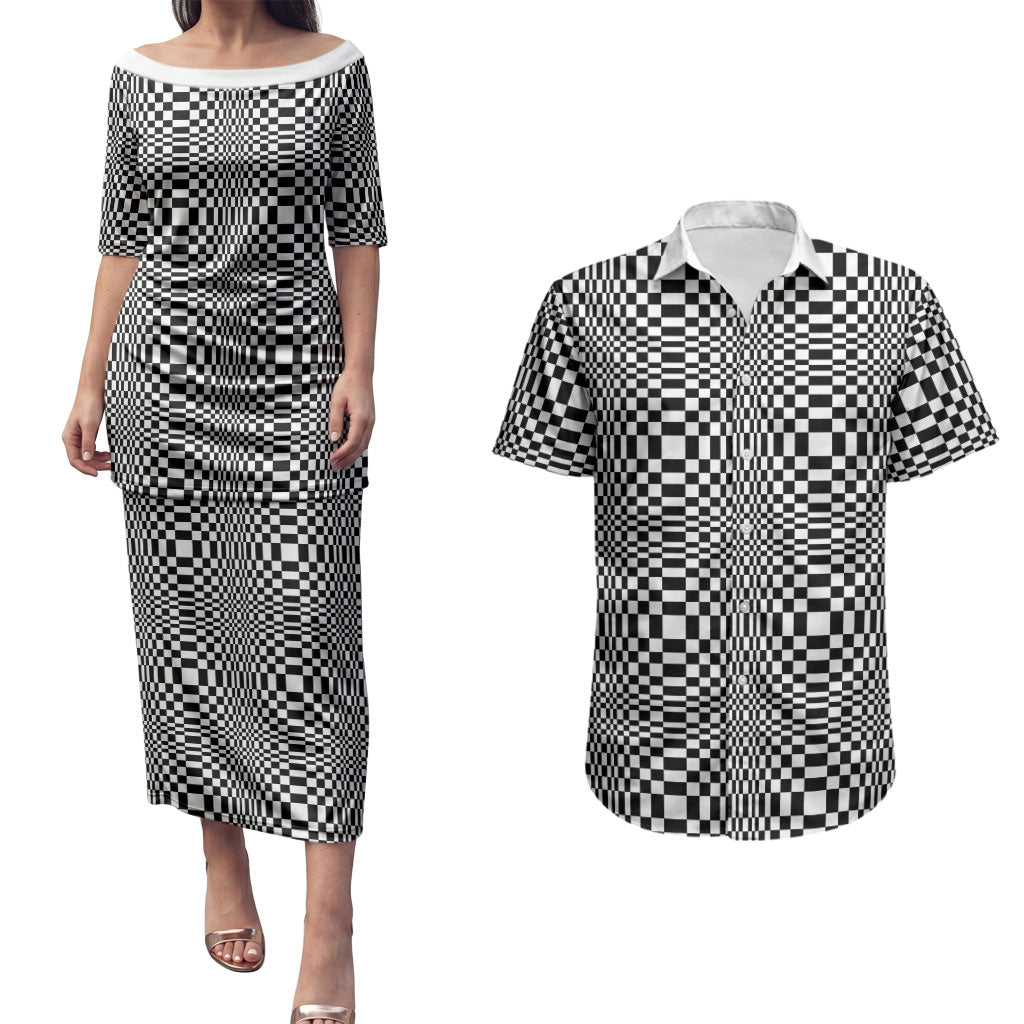 Black White Filipino Binakol Motifs Couples Matching Puletasi and Hawaiian Shirt Mabuhay Philippines Festival Kusikus Pattern