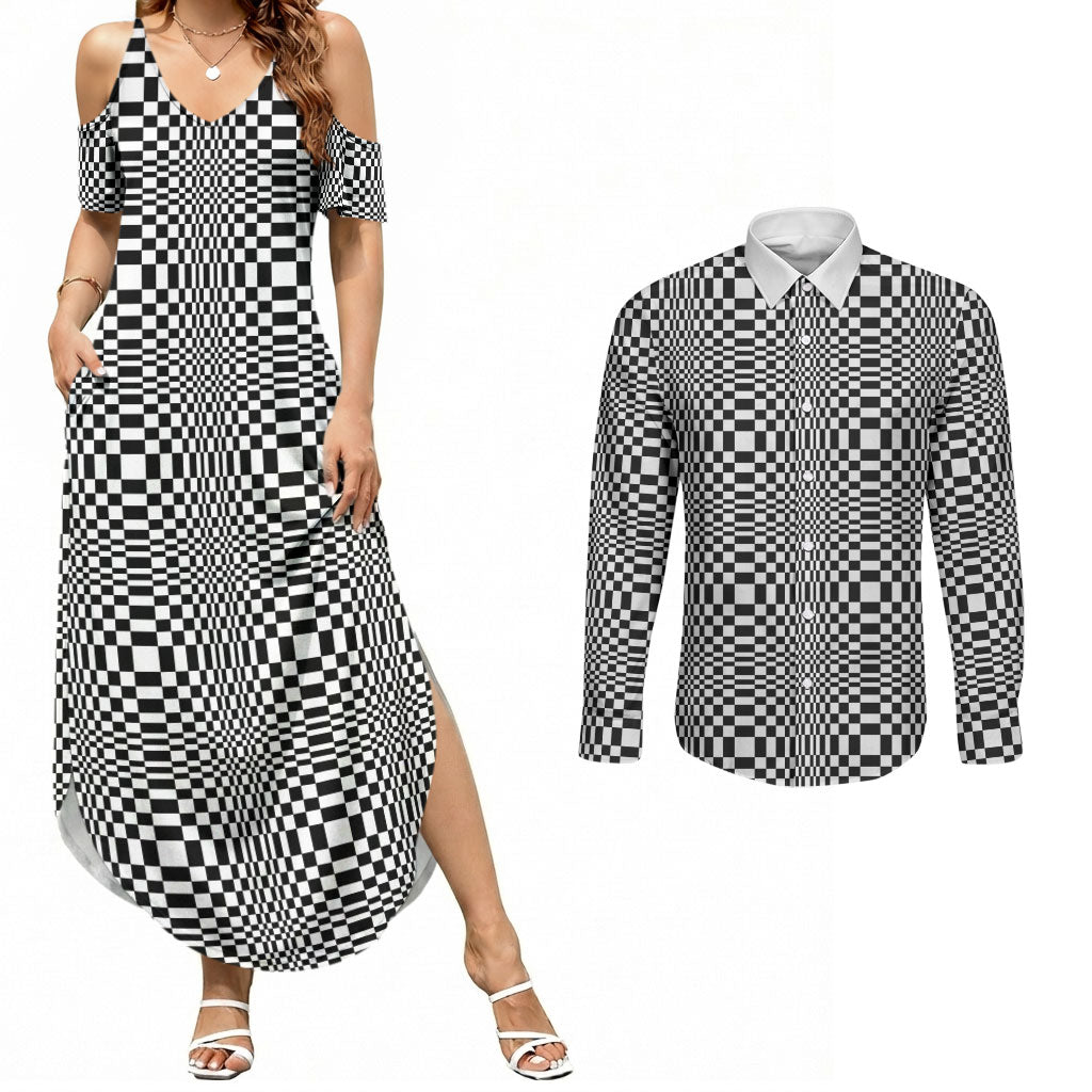 Black White Filipino Binakol Motifs Couples Matching Summer Maxi Dress and Long Sleeve Button Shirt Mabuhay Philippines Festival Kusikus Pattern