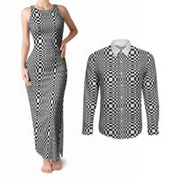 Black White Filipino Binakol Motifs Couples Matching Tank Maxi Dress and Long Sleeve Button Shirt Mabuhay Philippines Festival Kusikus Pattern LT14 Black - Polynesian Pride