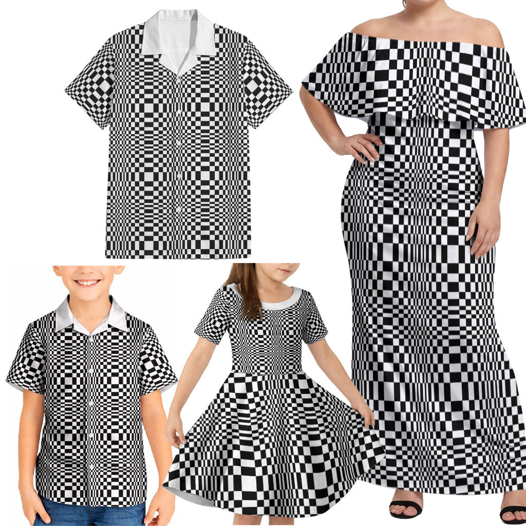 Black White Filipino Binakol Motifs Family Matching Off Shoulder Maxi Dress and Hawaiian Shirt Mabuhay Philippines Festival Kusikus Pattern