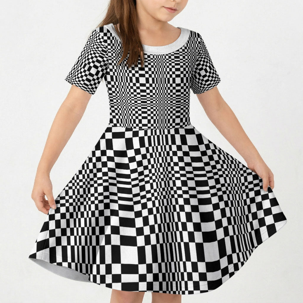 Black White Filipino Binakol Motifs Kid Short Sleeve Dress Mabuhay Philippines Festival Kusikus Pattern LT14 KID Black - Polynesian Pride