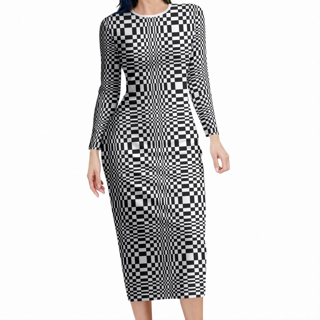 Black White Filipino Binakol Motifs Long Sleeve Bodycon Dress Mabuhay Philippines Festival Kusikus Pattern LT14 Long Dress Black - Polynesian Pride