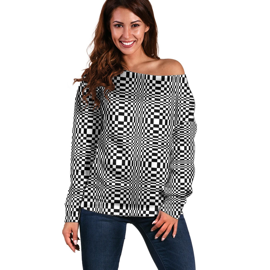 Black White Filipino Binakol Motifs Off Shoulder Sweater Mabuhay Philippines Festival Kusikus Pattern