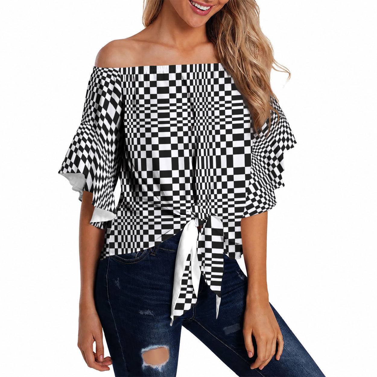 Black White Filipino Binakol Motifs Off Shoulder Wrap Waist Top Mabuhay Philippines Festival Kusikus Pattern LT14 Black - Polynesian Pride
