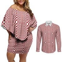 Red White Filipino Binakol Motifs Couples Matching Off Shoulder Short Dress and Long Sleeve Button Shirt Mabuhay Philippines Festival Kusikus Pattern LT14 Red - Polynesian Pride