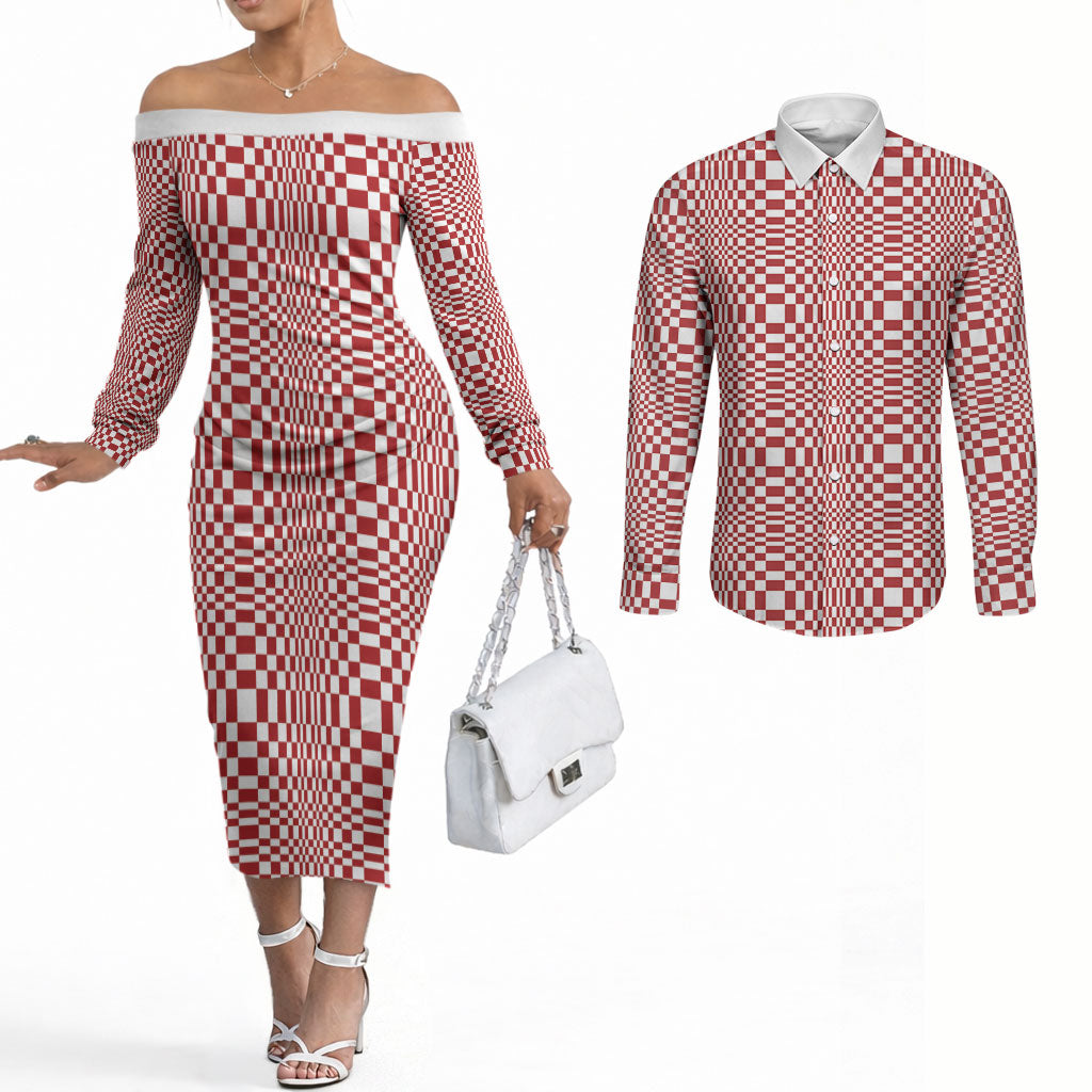 Red White Filipino Binakol Motifs Couples Matching Off The Shoulder Long Sleeve Dress and Long Sleeve Button Shirt Mabuhay Philippines Festival Kusikus Pattern