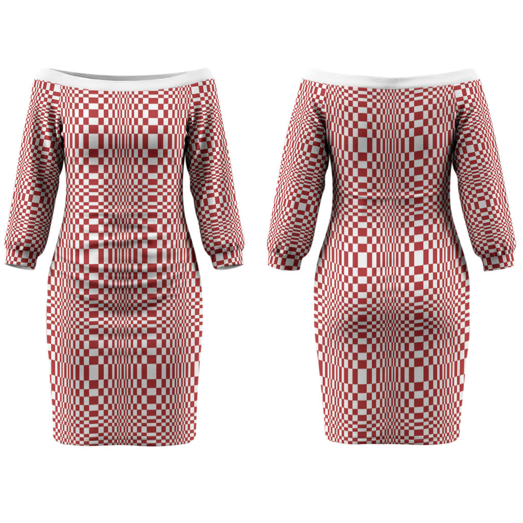 Red White Filipino Binakol Motifs Couples Matching Off The Shoulder Long Sleeve Dress and Long Sleeve Button Shirt Mabuhay Philippines Festival Kusikus Pattern LT14 - Polynesian Pride