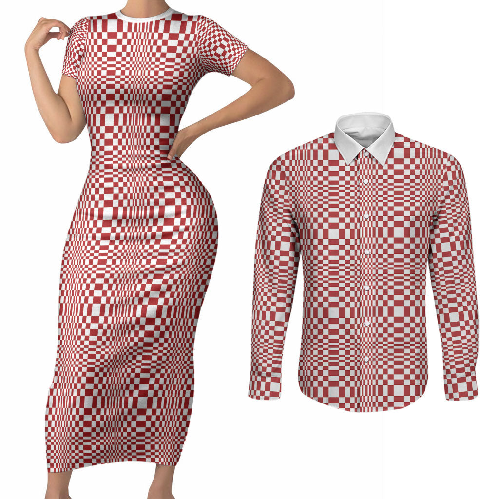 Red White Filipino Binakol Motifs Couples Matching Short Sleeve Bodycon Dress and Long Sleeve Button Shirt Mabuhay Philippines Festival Kusikus Pattern