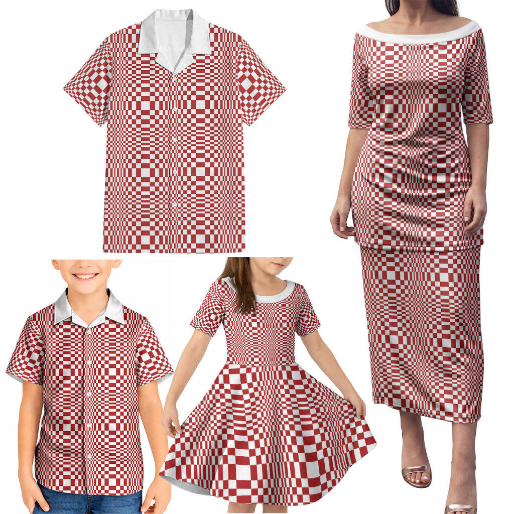 Red White Filipino Binakol Motifs Family Matching Puletasi and Hawaiian Shirt Mabuhay Philippines Festival Kusikus Pattern