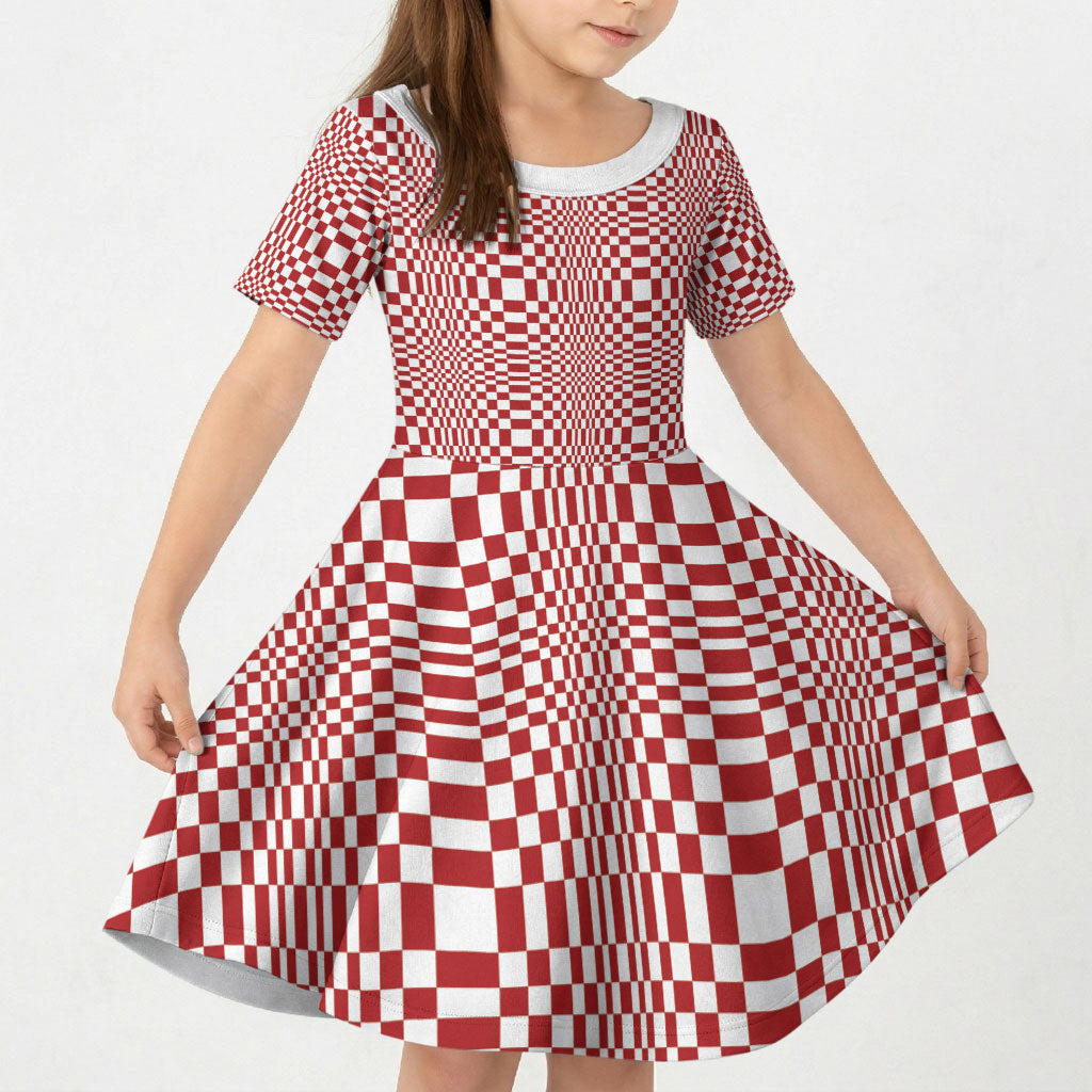 Red White Filipino Binakol Motifs Kid Short Sleeve Dress Mabuhay Philippines Festival Kusikus Pattern LT14 KID Red - Polynesian Pride