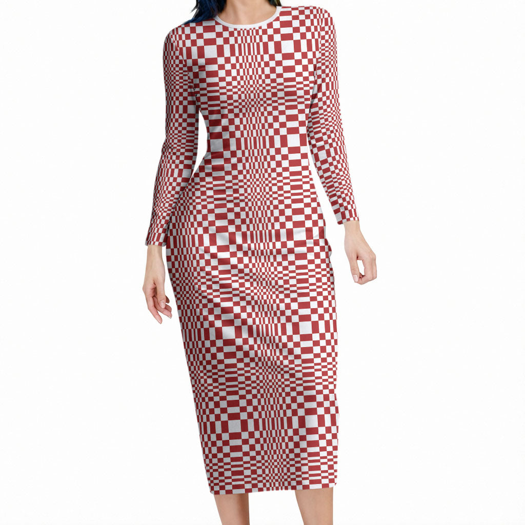 Red White Filipino Binakol Motifs Long Sleeve Bodycon Dress Mabuhay Philippines Festival Kusikus Pattern LT14 Long Dress Red - Polynesian Pride