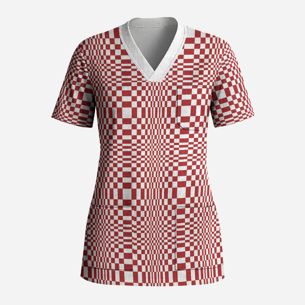 Red White Filipino Binakol Motifs Scrub Top Mabuhay Philippines Festival Kusikus Pattern LT14 Adult Red - Polynesian Pride