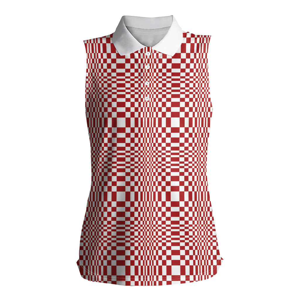Red White Filipino Binakol Motifs Women Sleeveless Polo Shirt Mabuhay Philippines Festival Kusikus Pattern LT14 Female Red - Polynesian Pride
