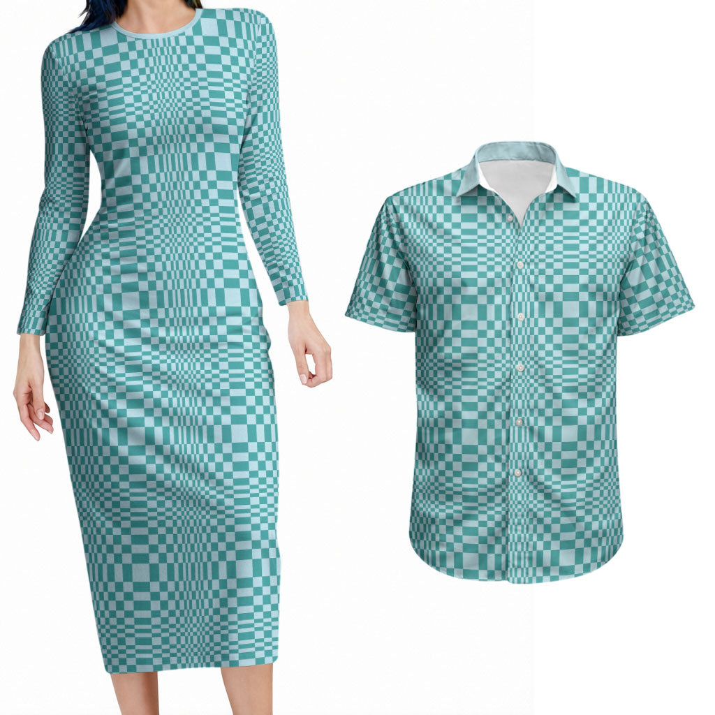 Cyan Filipino Binakol Motifs Couples Matching Long Sleeve Bodycon Dress and Hawaiian Shirt Mabuhay Philippines Festival Kusikus Pattern