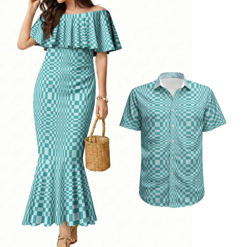 Cyan Filipino Binakol Motifs Couples Matching Mermaid Dress and Hawaiian Shirt Mabuhay Philippines Festival Kusikus Pattern LT14 Cyan - Polynesian Pride