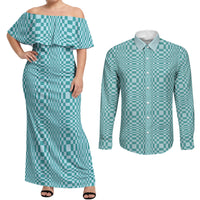 Cyan Filipino Binakol Motifs Couples Matching Off Shoulder Maxi Dress and Long Sleeve Button Shirt Mabuhay Philippines Festival Kusikus Pattern LT14 Cyan - Polynesian Pride