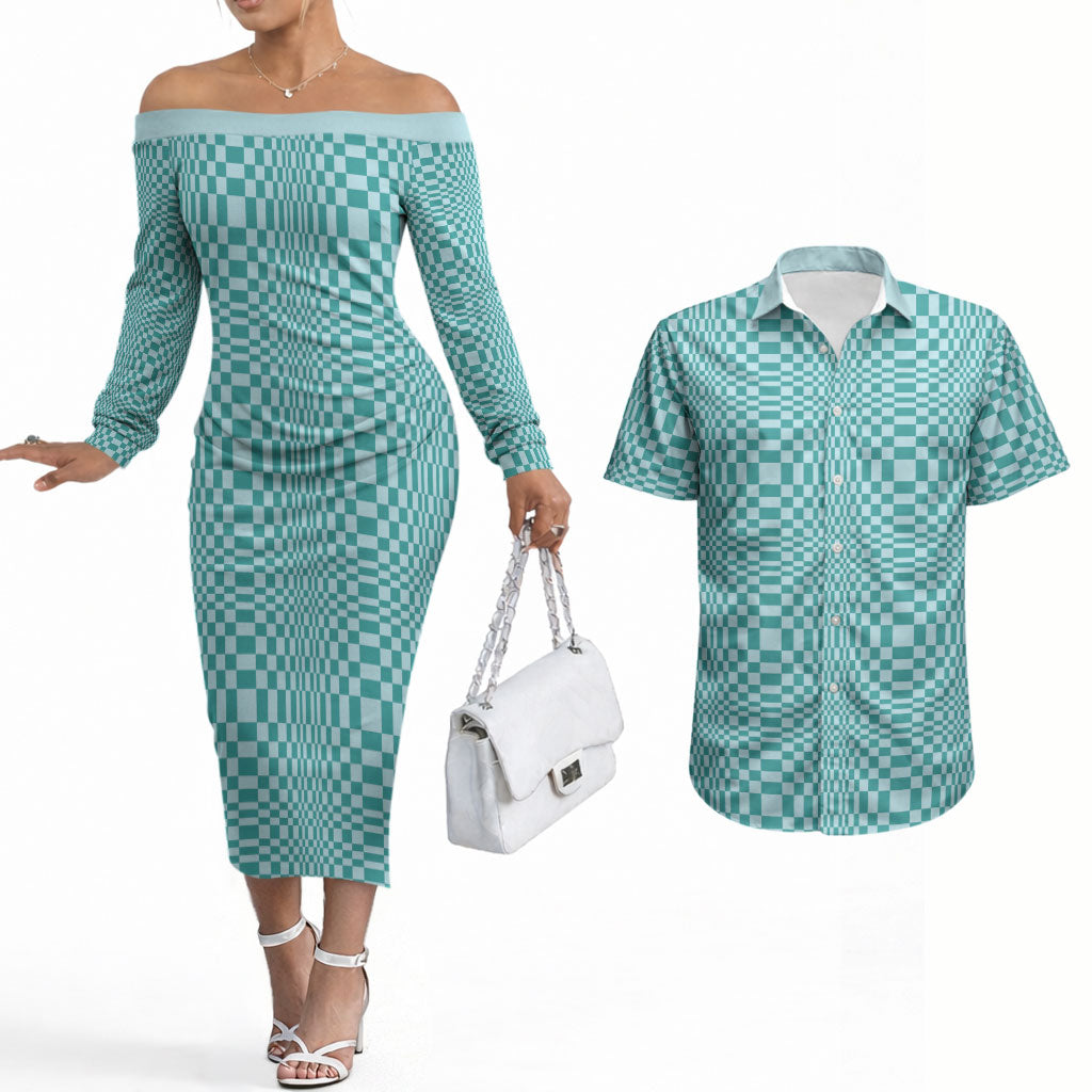 Cyan Filipino Binakol Motifs Couples Matching Off The Shoulder Long Sleeve Dress and Hawaiian Shirt Mabuhay Philippines Festival Kusikus Pattern LT14 Cyan - Polynesian Pride
