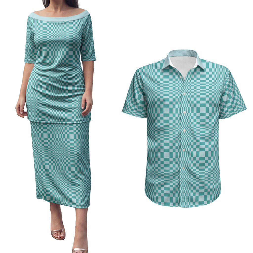 Cyan Filipino Binakol Motifs Couples Matching Puletasi and Hawaiian Shirt Mabuhay Philippines Festival Kusikus Pattern
