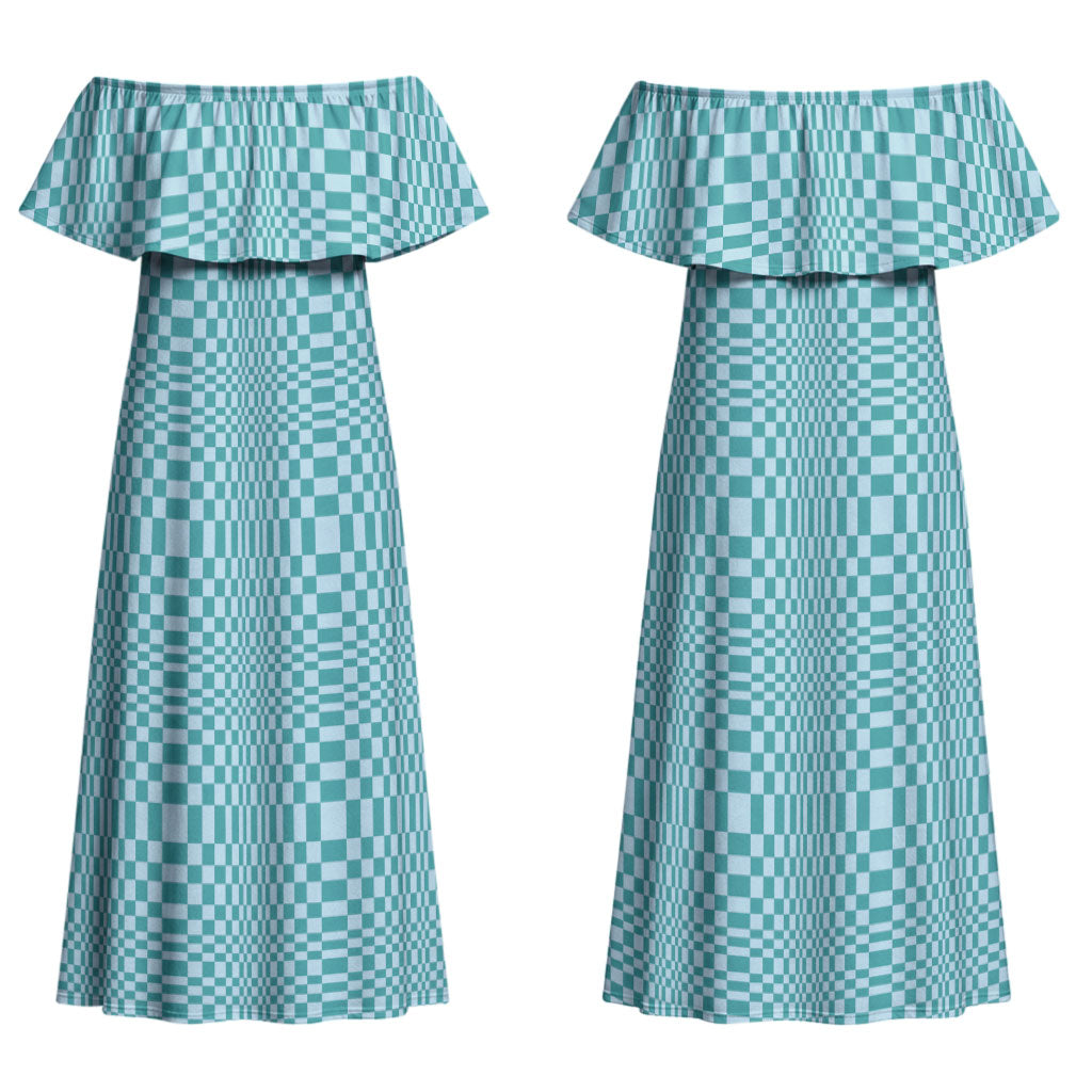 Cyan Filipino Binakol Motifs Family Matching Off Shoulder Maxi Dress and Hawaiian Shirt Mabuhay Philippines Festival Kusikus Pattern LT14 Mom's Dress Cyan - Polynesian Pride