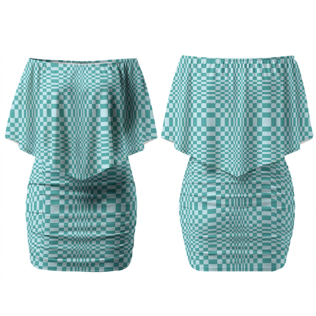 Cyan Filipino Binakol Motifs Family Matching Off Shoulder Short Dress and Hawaiian Shirt Mabuhay Philippines Festival Kusikus Pattern LT14 Mom's Dress Cyan - Polynesian Pride