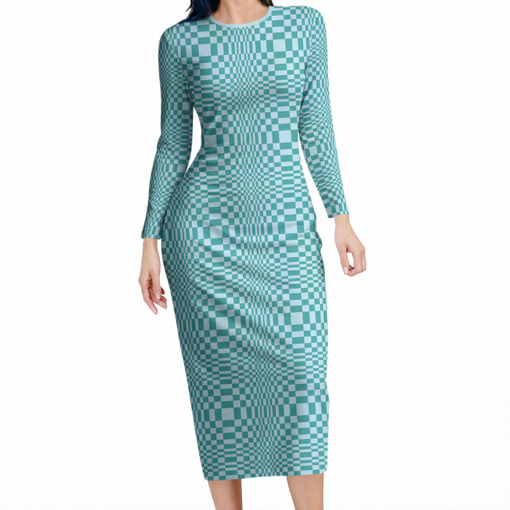 Cyan Filipino Binakol Motifs Long Sleeve Bodycon Dress Mabuhay Philippines Festival Kusikus Pattern LT14 Long Dress Cyan - Polynesian Pride