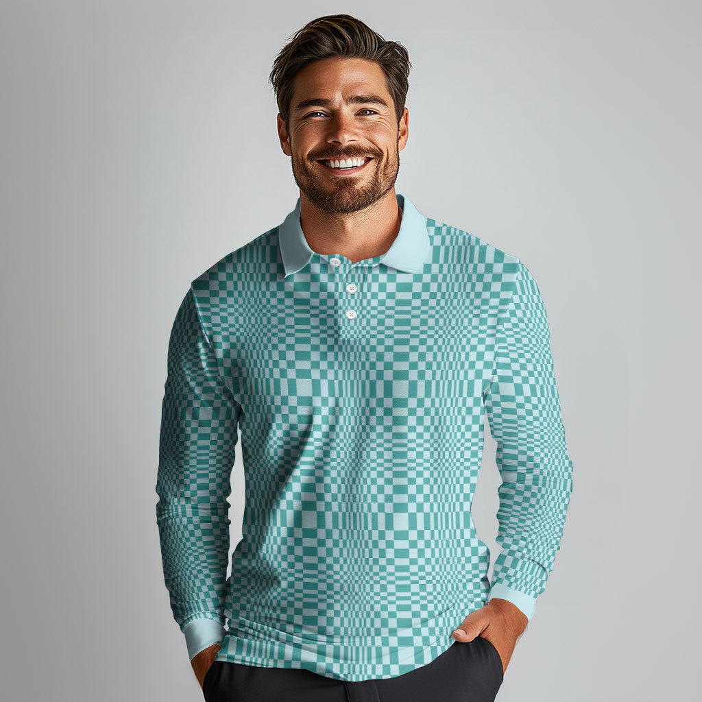 Cyan Filipino Binakol Motifs Long Sleeve Polo Shirt Mabuhay Philippines Festival Kusikus Pattern LT14 - Polynesian Pride
