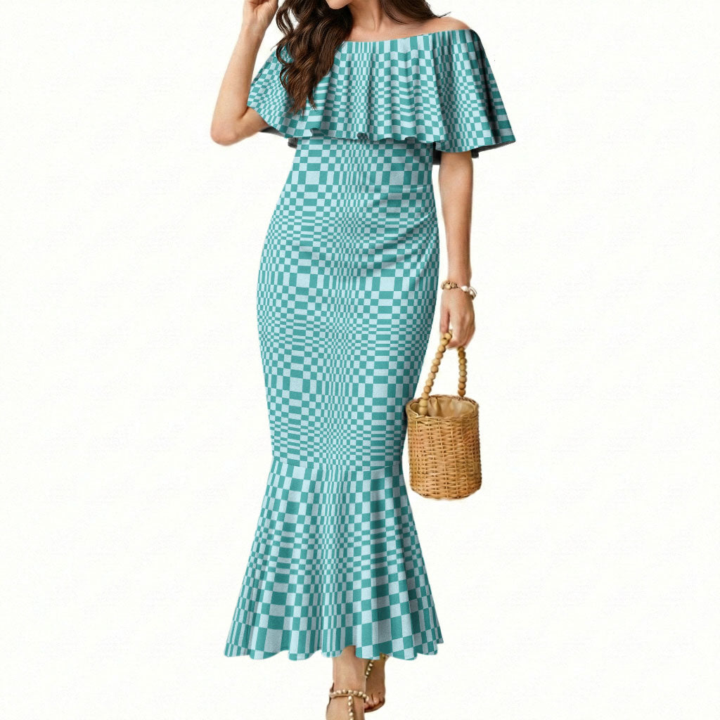 Cyan Filipino Binakol Motifs Mermaid Dress Mabuhay Philippines Festival Kusikus Pattern