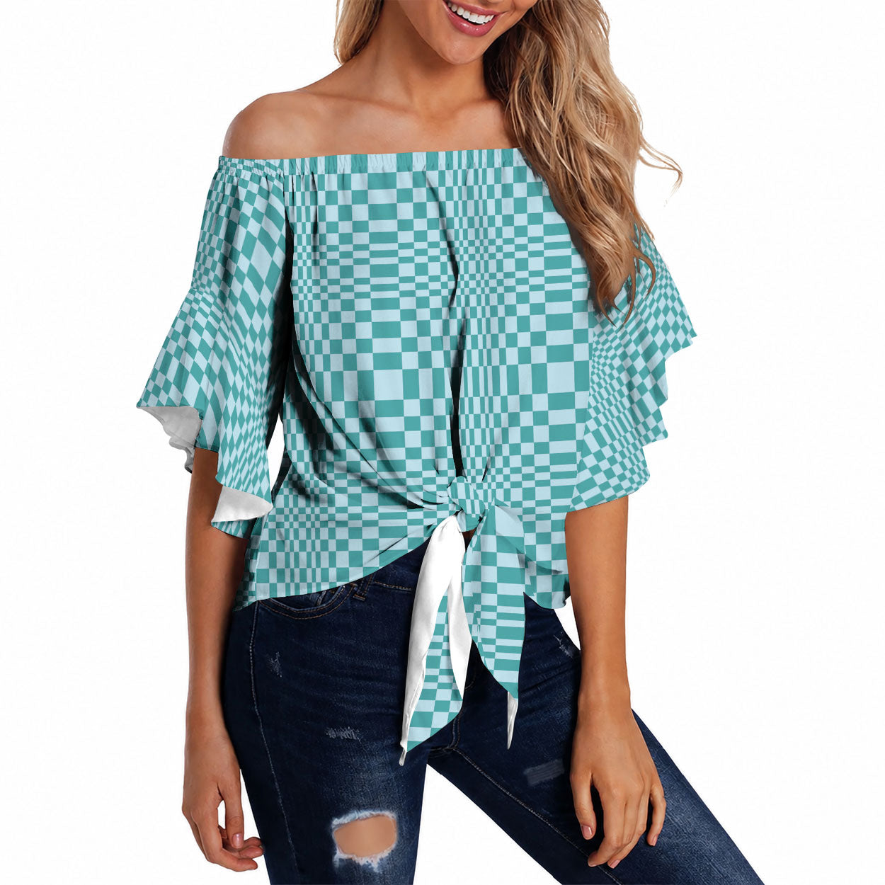 Cyan Filipino Binakol Motifs Off Shoulder Wrap Waist Top Mabuhay Philippines Festival Kusikus Pattern LT14 Cyan - Polynesian Pride