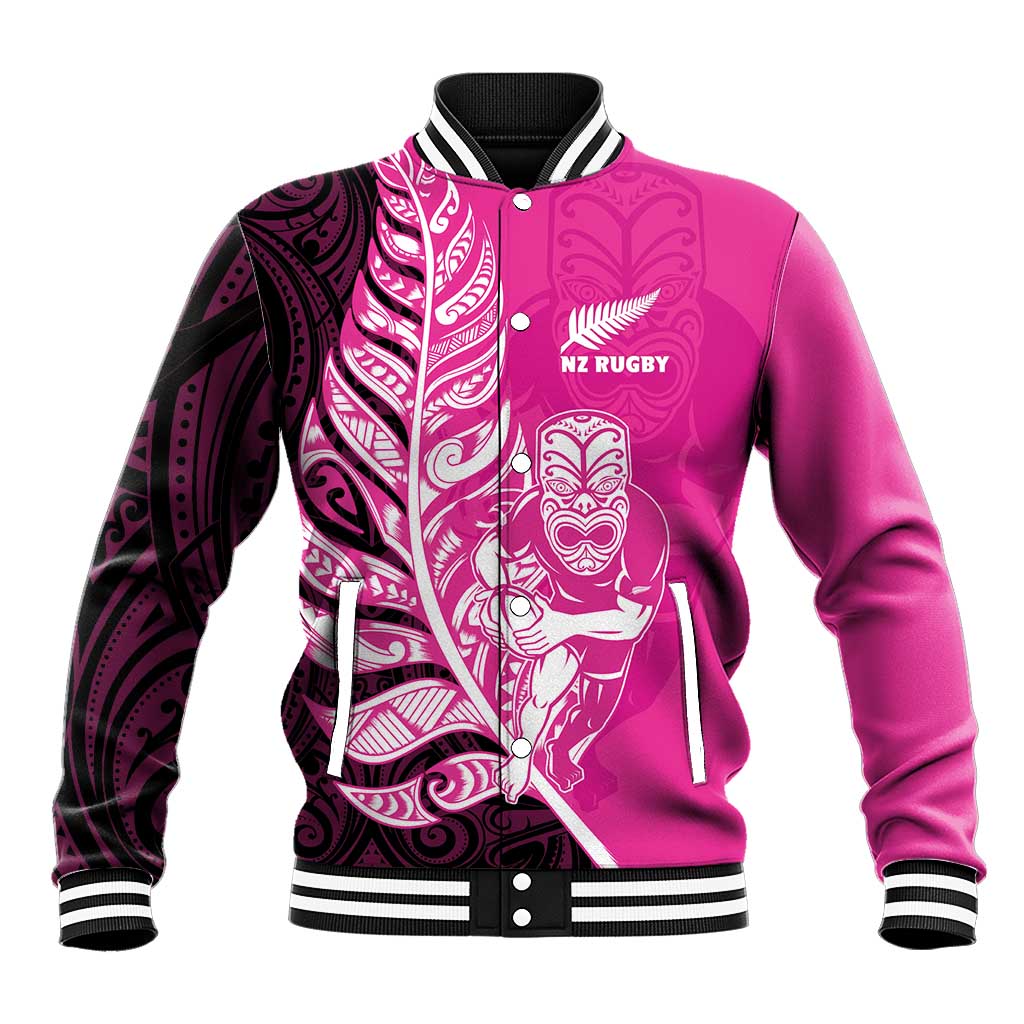 New Zealand Silver Fern Rugby Custom Baseball Jacket All Black Maori Pattern Pink - Polynesian Pride