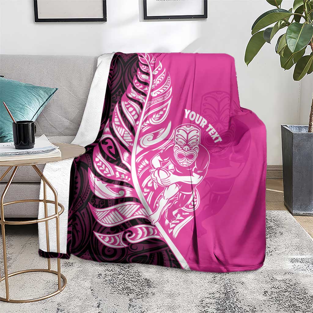 New Zealand Silver Fern Rugby Custom Blanket All Black Maori Pattern Pink - Polynesian Pride