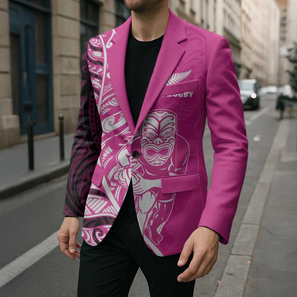 New Zealand Silver Fern Rugby Custom Blazer All Black Maori Pattern Pink - Polynesian Pride