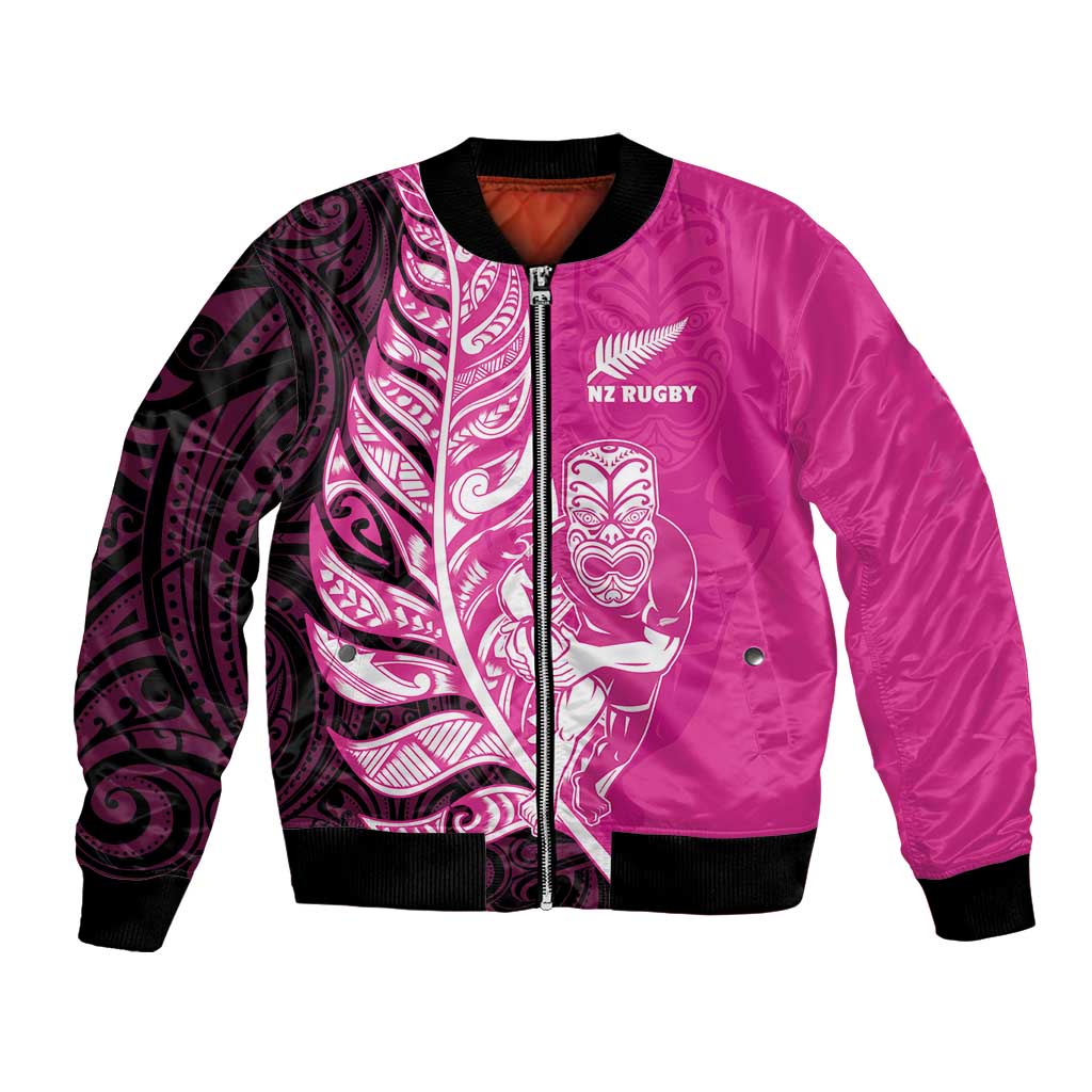 New Zealand Silver Fern Rugby Custom Bomber Jacket All Black Maori Pattern Pink - Polynesian Pride
